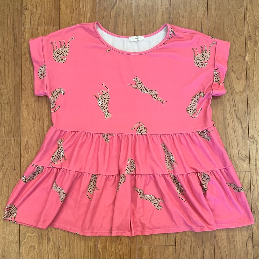 Entro Large Medium Tiered Short Sleeve Pink Top Cheetah Animal Boho Oversized